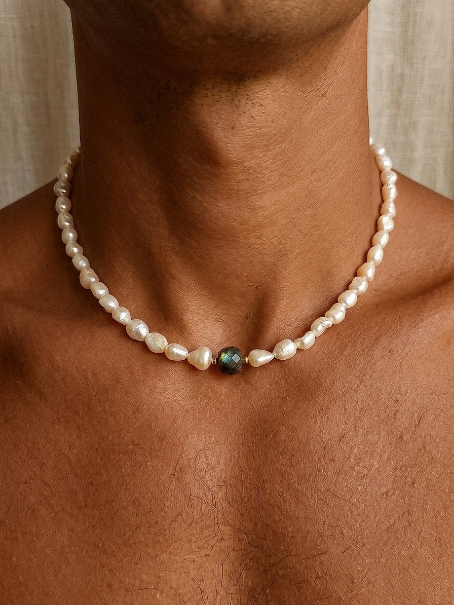 Unisex autorský náhrdelník z filipínských perel se zlatým obsidiánem, stříbro 925 pozlacené 14kt zlatem