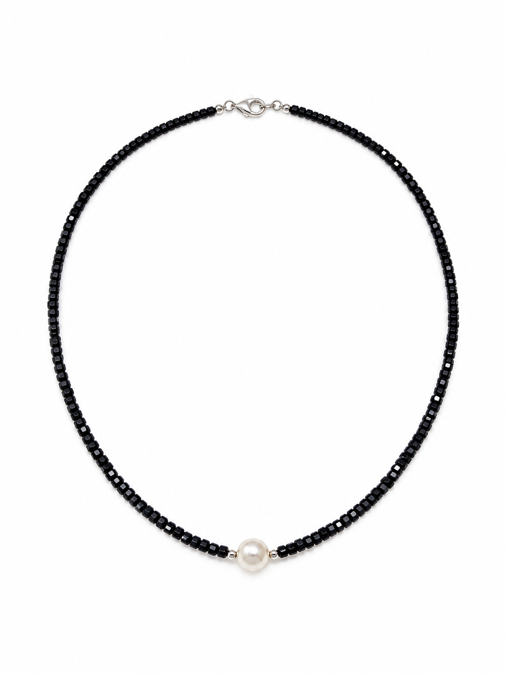SEYNA náhrdelník z černého spinelu s mořskou perlou Akoya 7,2 mm – stříbro 925/1000, rhodium
