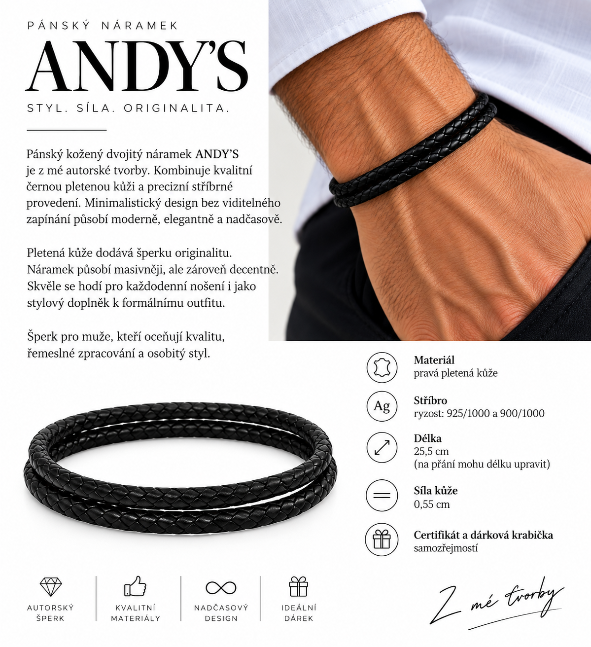 Pánský kožený dvojitý náramek ANDY'S – stříbro 925/1000 a 900/1000