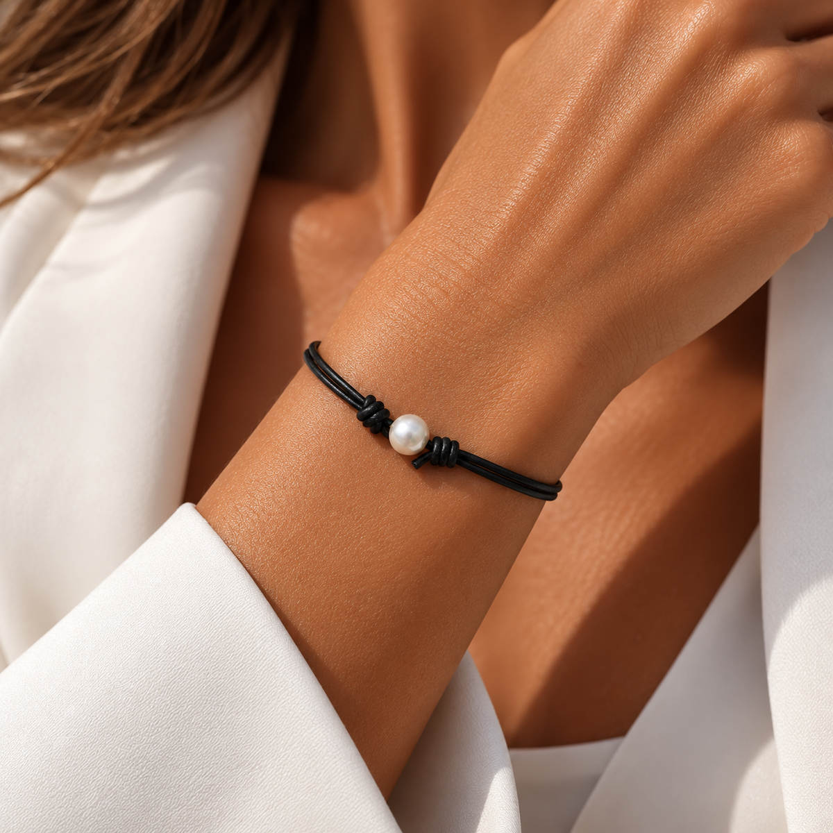 ÉLISE – elegantní kožený náramek s pravou Akoya perlou 8 mm AA+